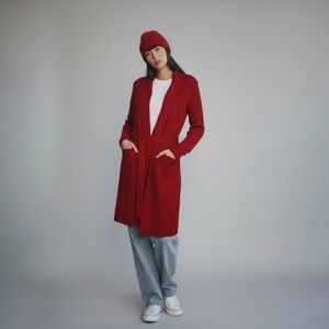 $129 Talbots Red Open Belted Long Cardigan Sweater Coat Size XS Relaxed Fit